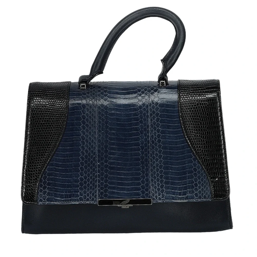 KHIRMA Eliazov Oxy leather lizard snake satchel shoulder bag purse black blue - Picture 1 of 8